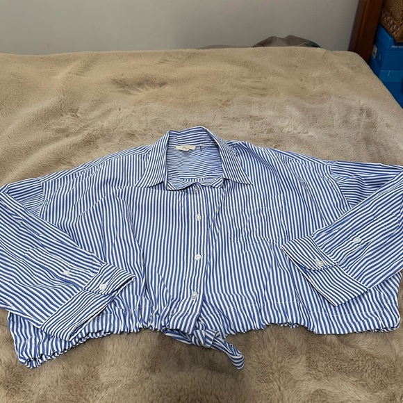 Elan Blue and White Striped Long Sleeved Button Down with Cinch Waist M - Picture 3 of 6